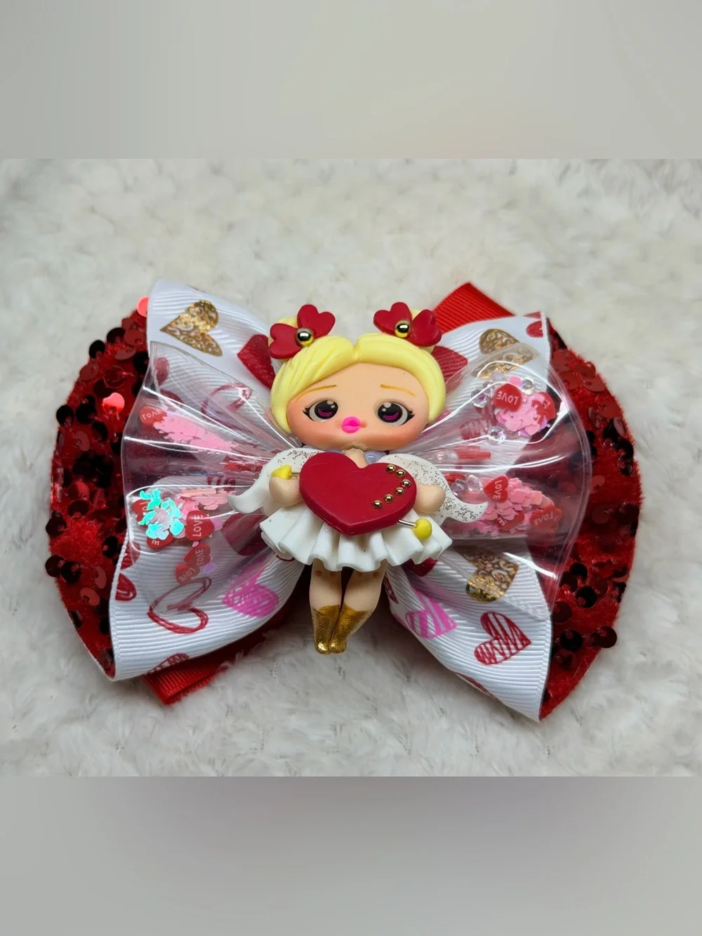 Girls Heart Princess Hair Bow - Red, White & Gold